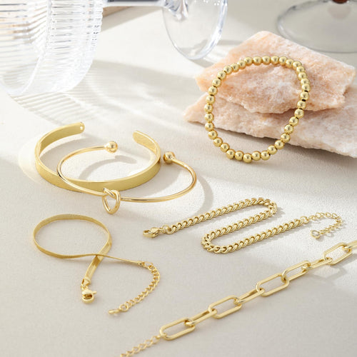VENOCO 6PCS 14k Gold Plated Brass Charm Bangle Cuff Dainty Bracelet