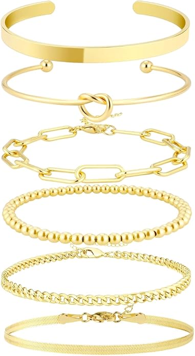 VENOCO 6PCS 14k Gold Plated Brass Charm Bangle Cuff Dainty Bracelet