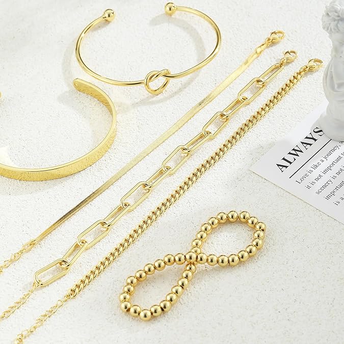VENOCO 6PCS 14k Gold Plated Brass Charm Bangle Cuff Dainty Bracelet