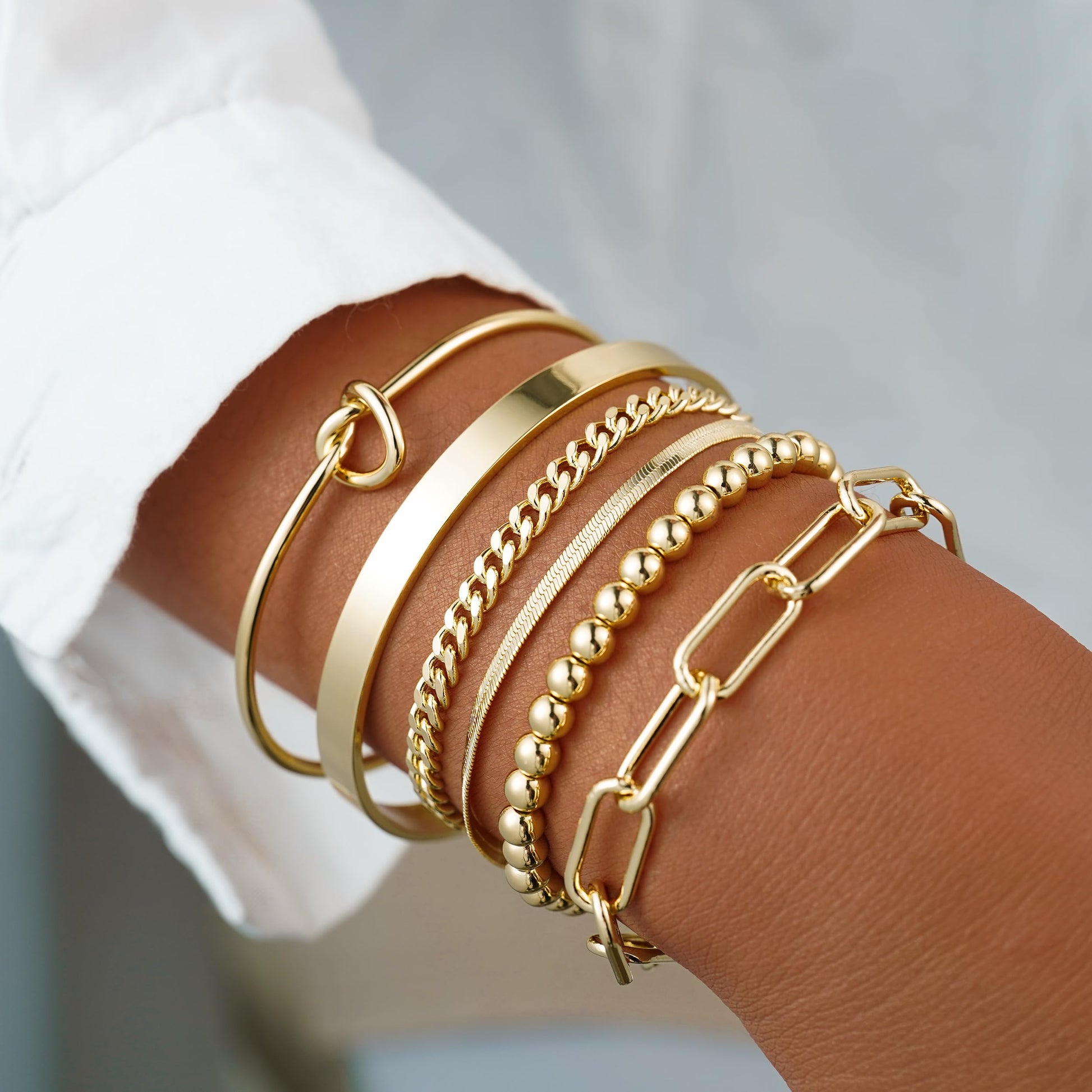 VENOCO 6PCS 14k Gold Plated Brass Charm Bangle Cuff Dainty Bracelet