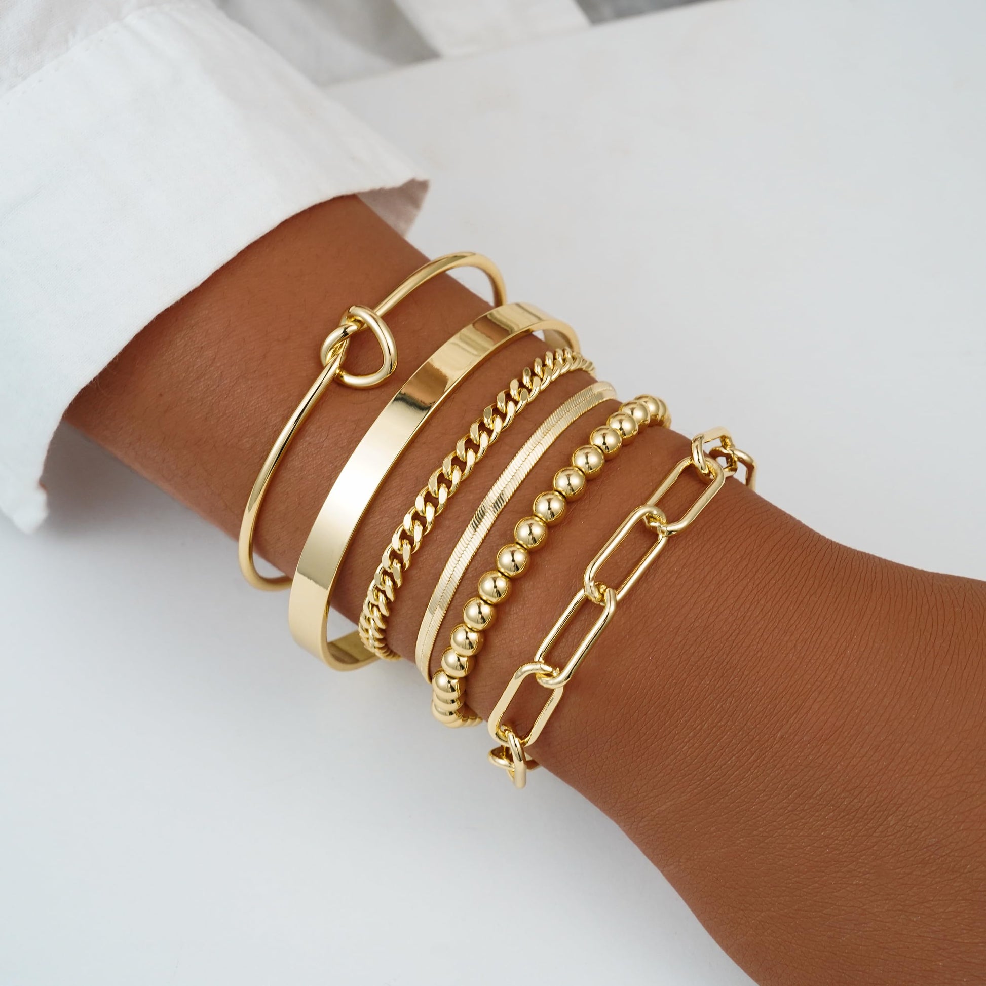 VENOCO 6PCS 14k Gold Plated Brass Charm Bangle Cuff Dainty Bracelet